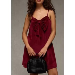 American Eagle Red Velvet Bow Front Lined Mini Dress Medium Romantic Whimsigoth